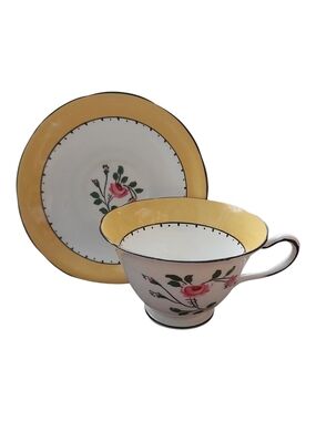 Heathcote Pink Rose Teacup & Saucer Set - Yellow Rim with Black Trim - Vintage